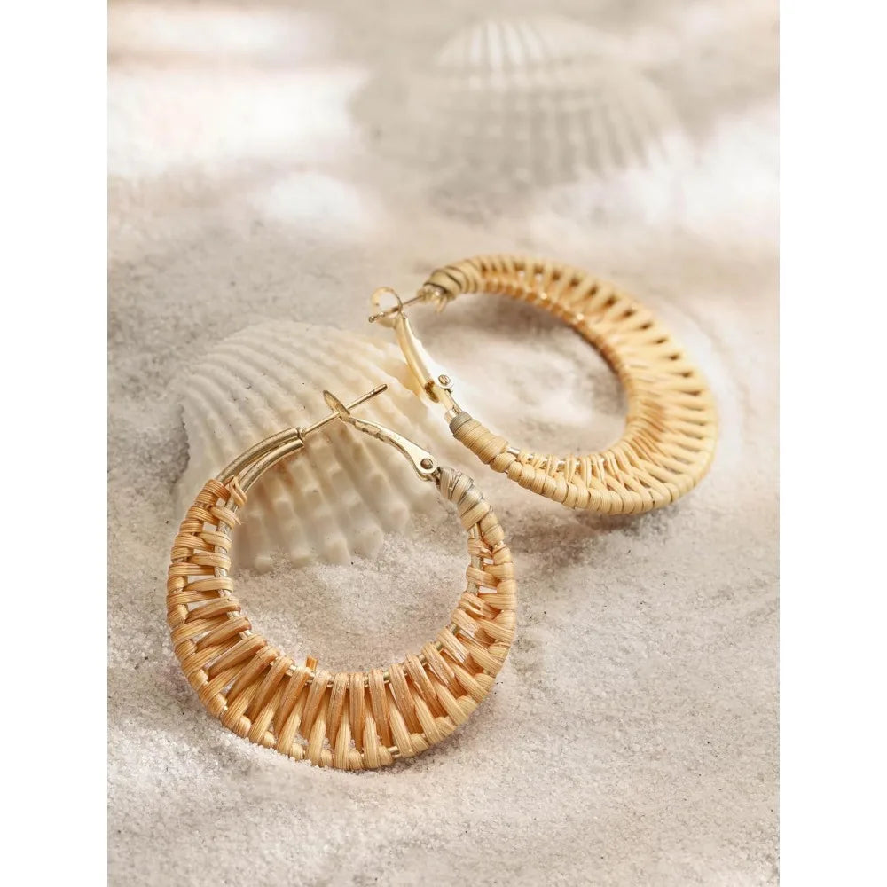 Handwoven Rattan Hoop Earrings Boho Summer Beach Jewelry Gift for Women