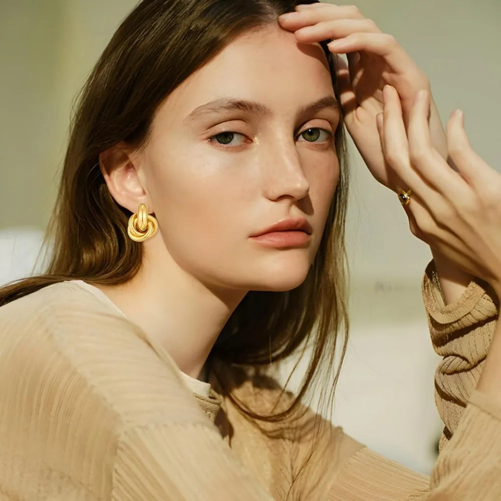 Chunky Geometric Knot Clip On Earrings Gold Plated Door Knocker Style for Women