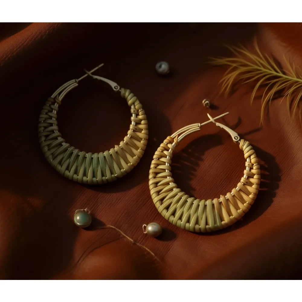 Handwoven Rattan Hoop Earrings Boho Summer Beach Jewelry Gift for Women
