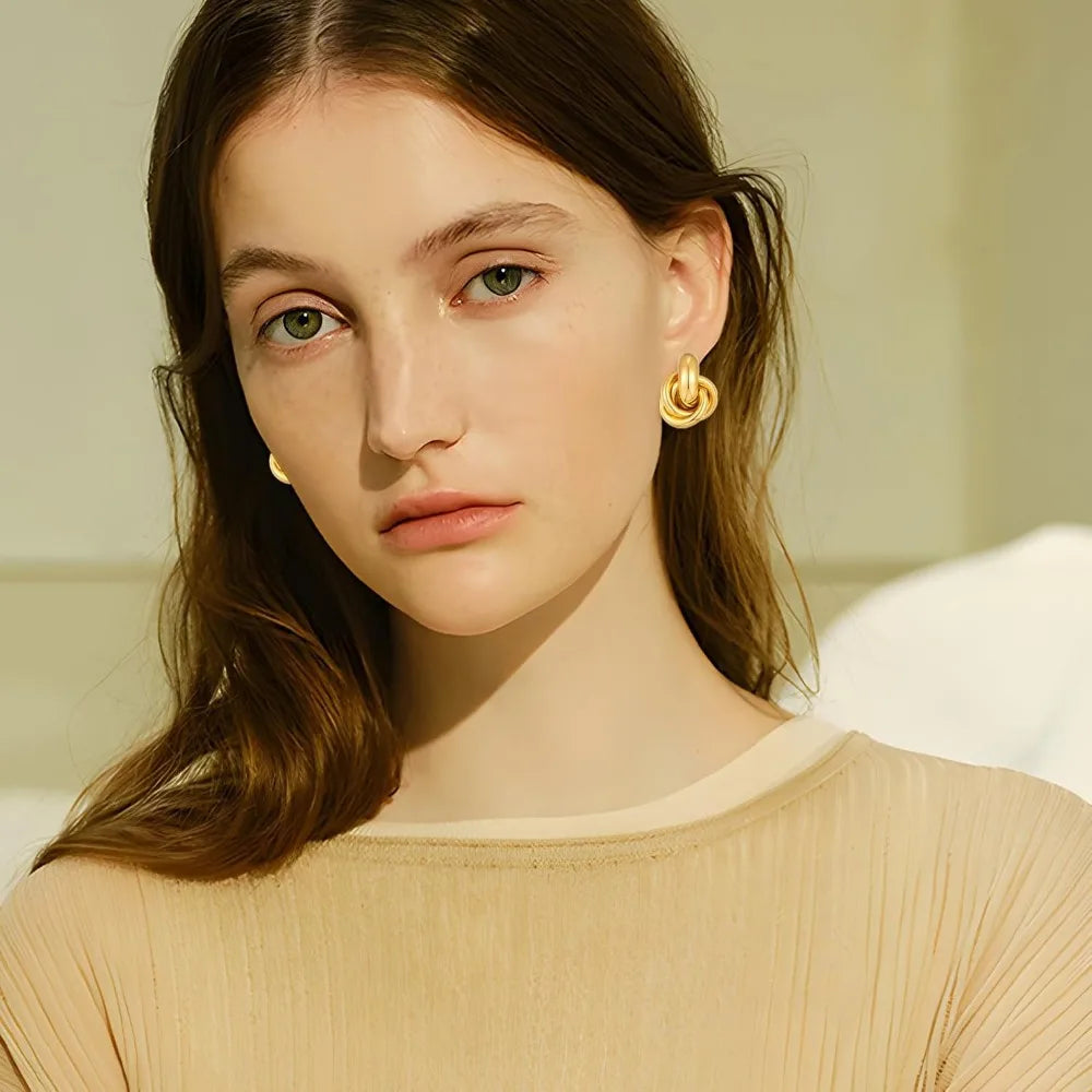 Chunky Geometric Knot Clip On Earrings Gold Plated Door Knocker Style for Women