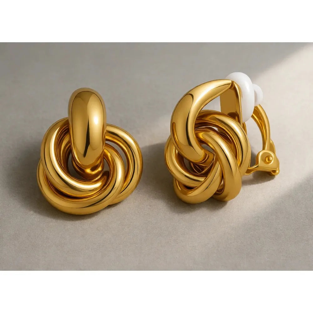 Chunky Geometric Knot Clip On Earrings Gold Plated Door Knocker Style for Women