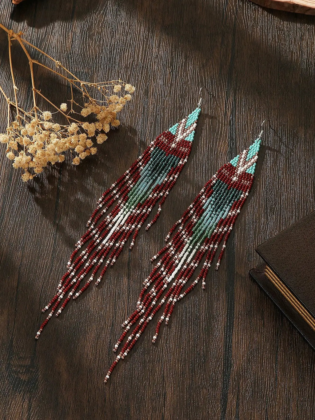 Handmade Beaded Tassel Earrings, Boho Style Red Green Ombre Drop Earrings for Daily Wear