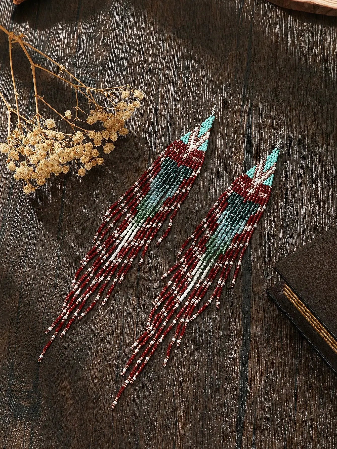 Handmade Beaded Tassel Earrings, Boho Style Red Green Ombre Drop Earrings for Daily Wear