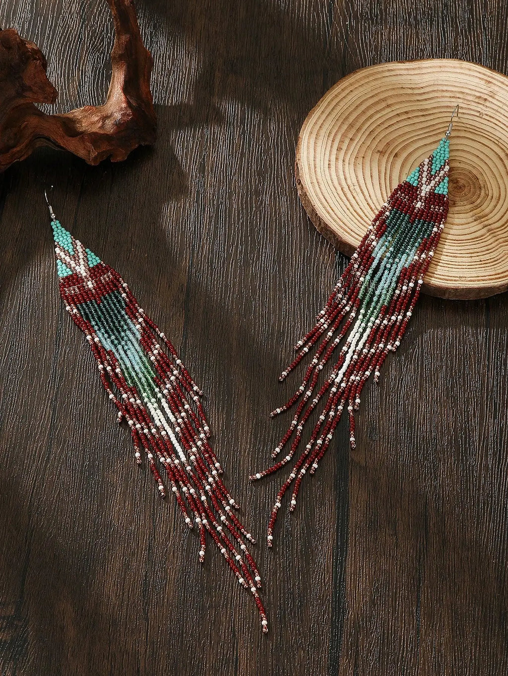 Handmade Beaded Tassel Earrings, Boho Style Red Green Ombre Drop Earrings for Daily Wear