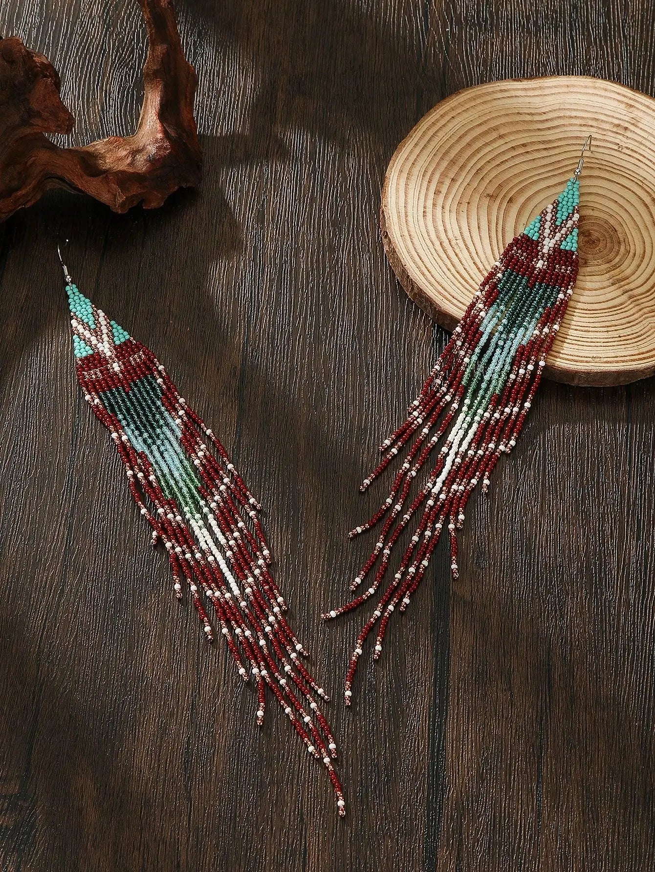 Handmade Beaded Tassel Earrings, Boho Style Red Green Ombre Drop Earrings for Daily Wear