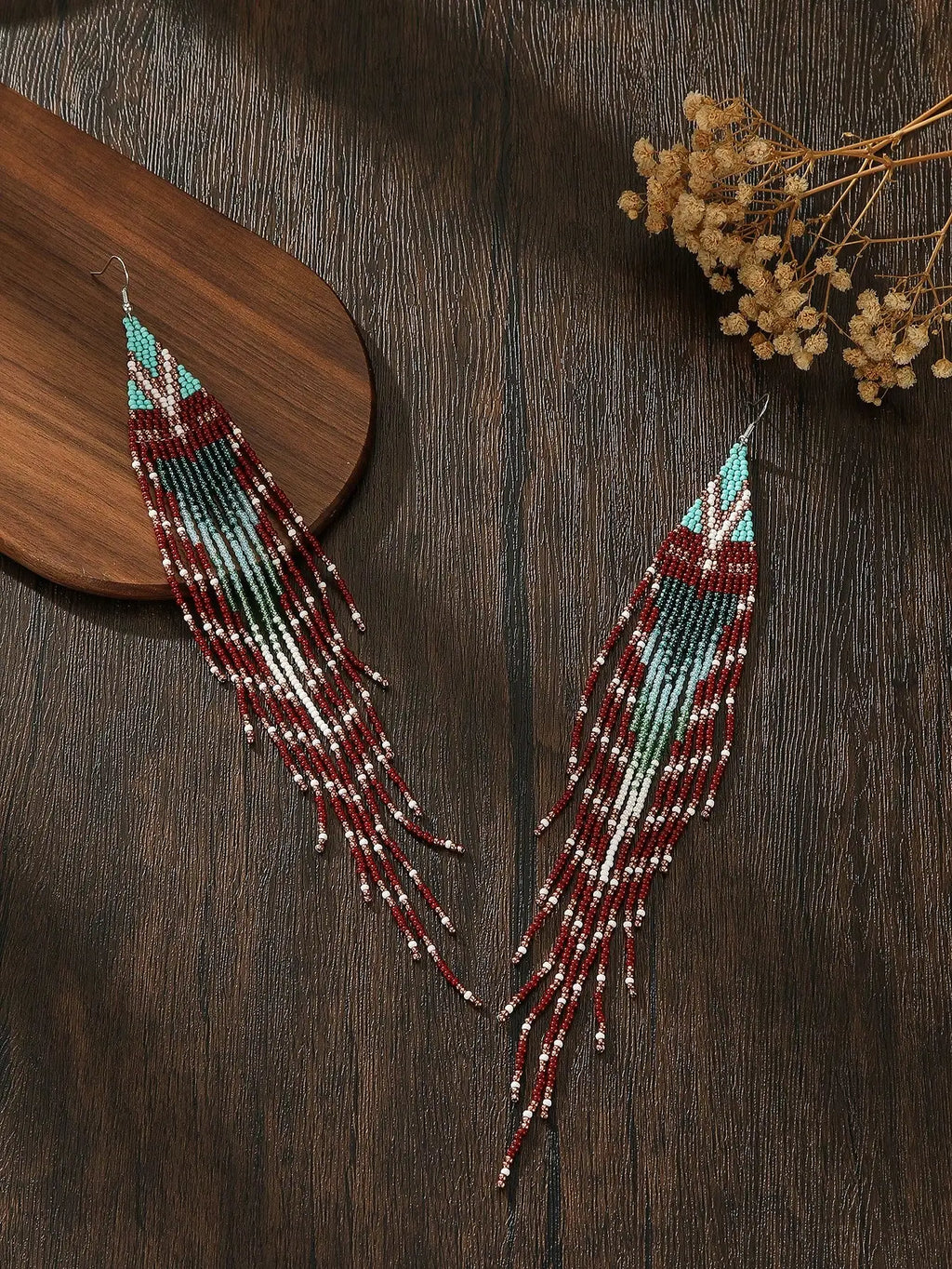 Handmade Beaded Tassel Earrings, Boho Style Red Green Ombre Drop Earrings for Daily Wear