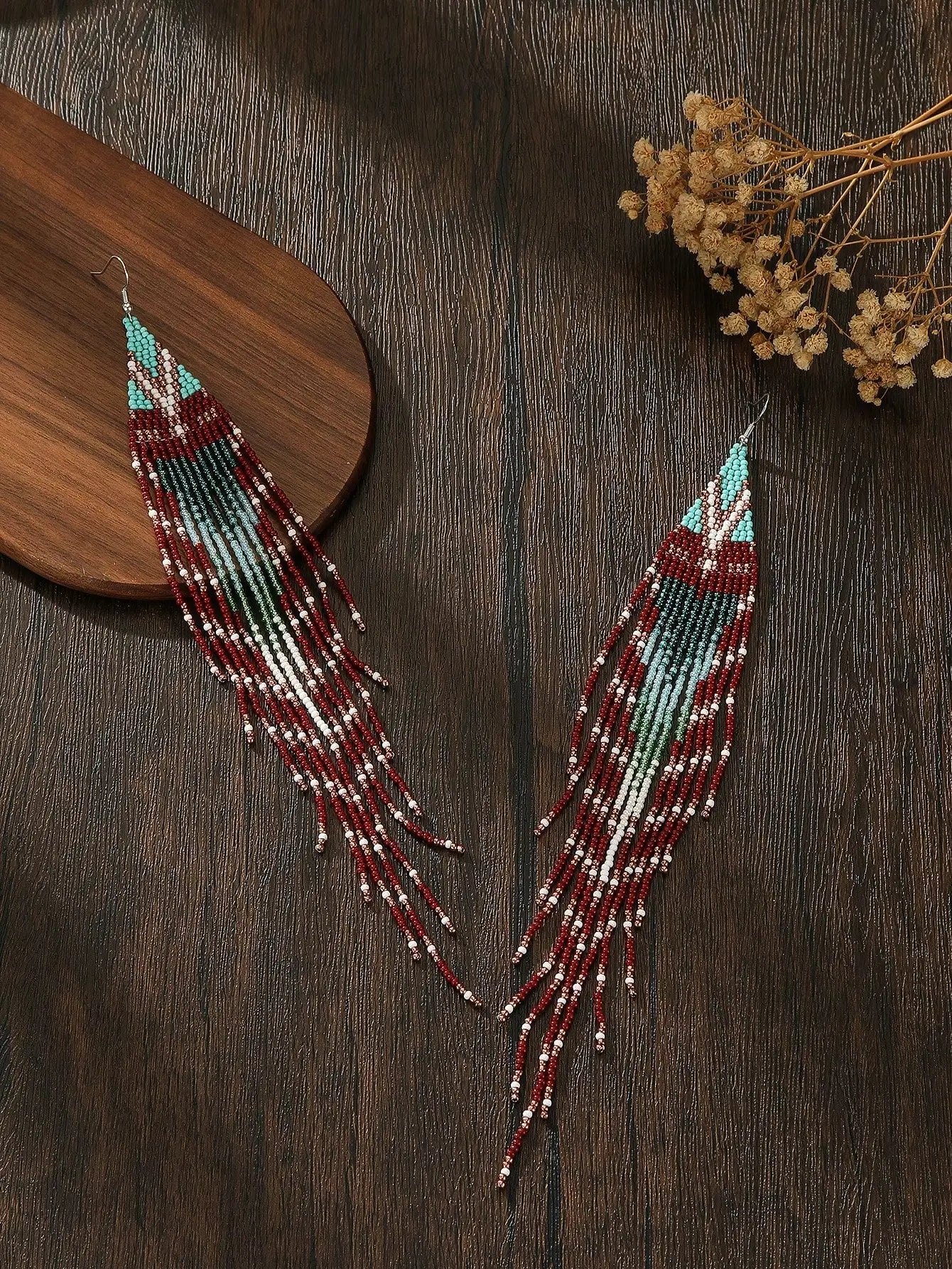 Handmade Beaded Tassel Earrings, Boho Style Red Green Ombre Drop Earrings for Daily Wear